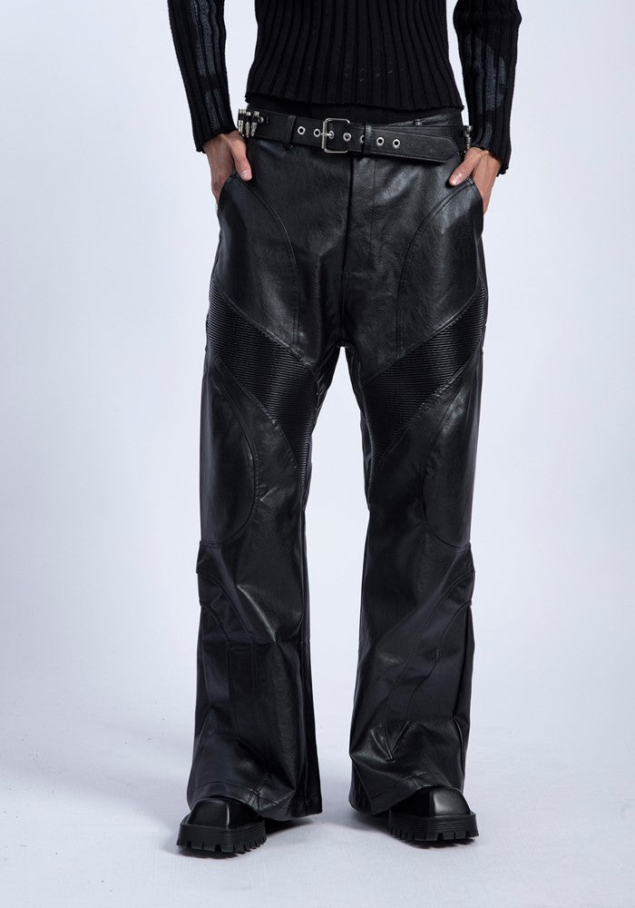 【PLAN1ONE】High leather design wide straight silhouette pants  PL0039