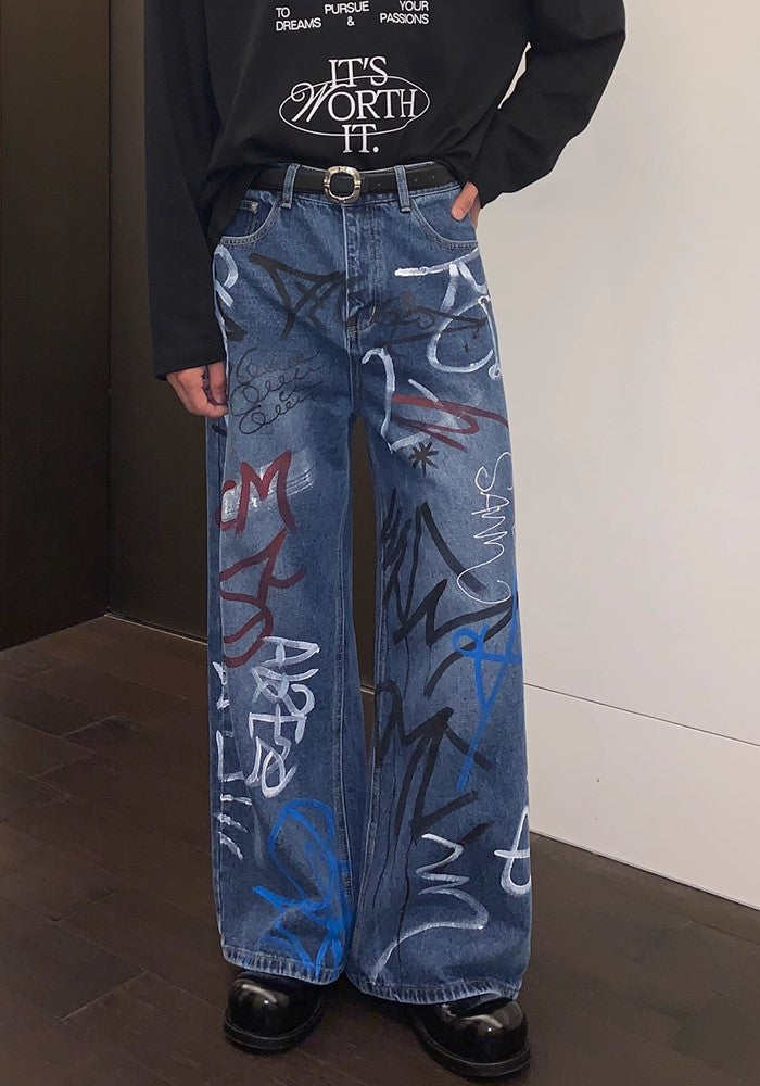 【CUIBUJU】Countless graffiti design casual street wide denim pants  CB0052