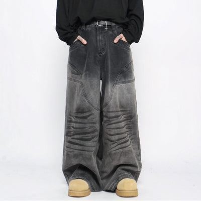 【Mz】Gradient gray black color wide straight denim pants  MZ0038