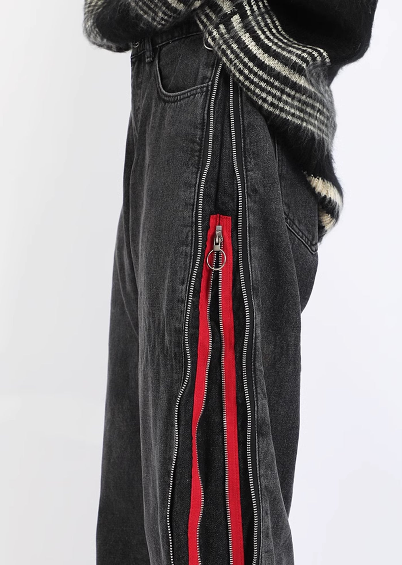 【7/15新作】Red color multiple side line design zipper denim pants  HL3058