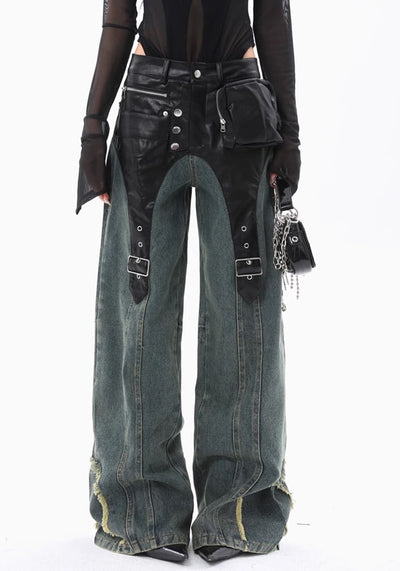 【ROY11】Leather gimmick design dull color base wide denim pants  RY0002