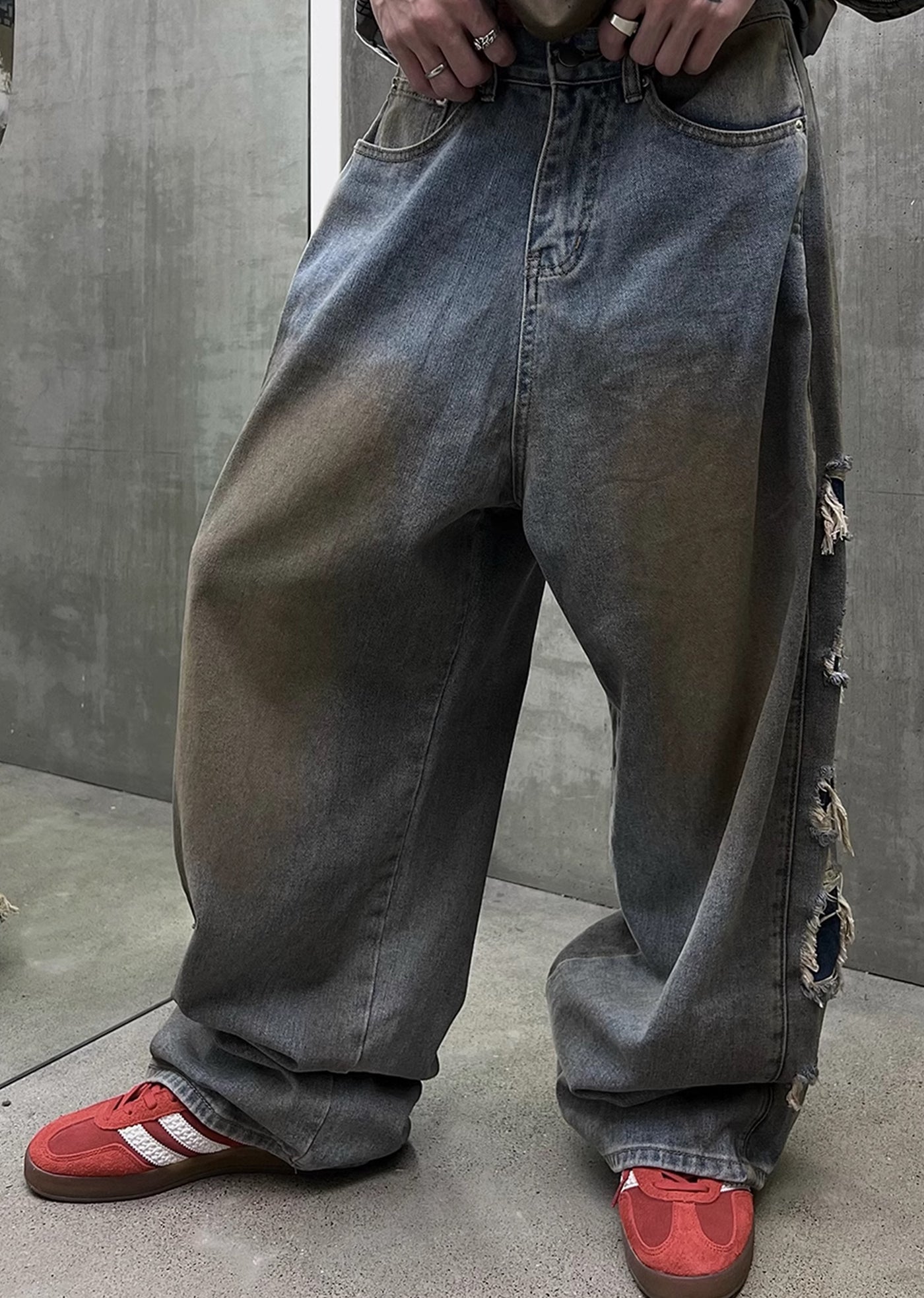 【SOULWORKER】Dull wash finish soil stain color wide denim pants  SW0023