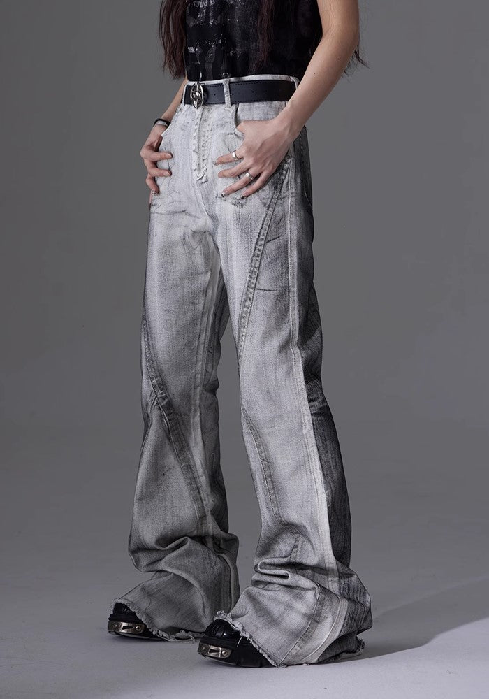 【NOMANIAI 】Tuck design white base color flare straight denim pants  NA0003