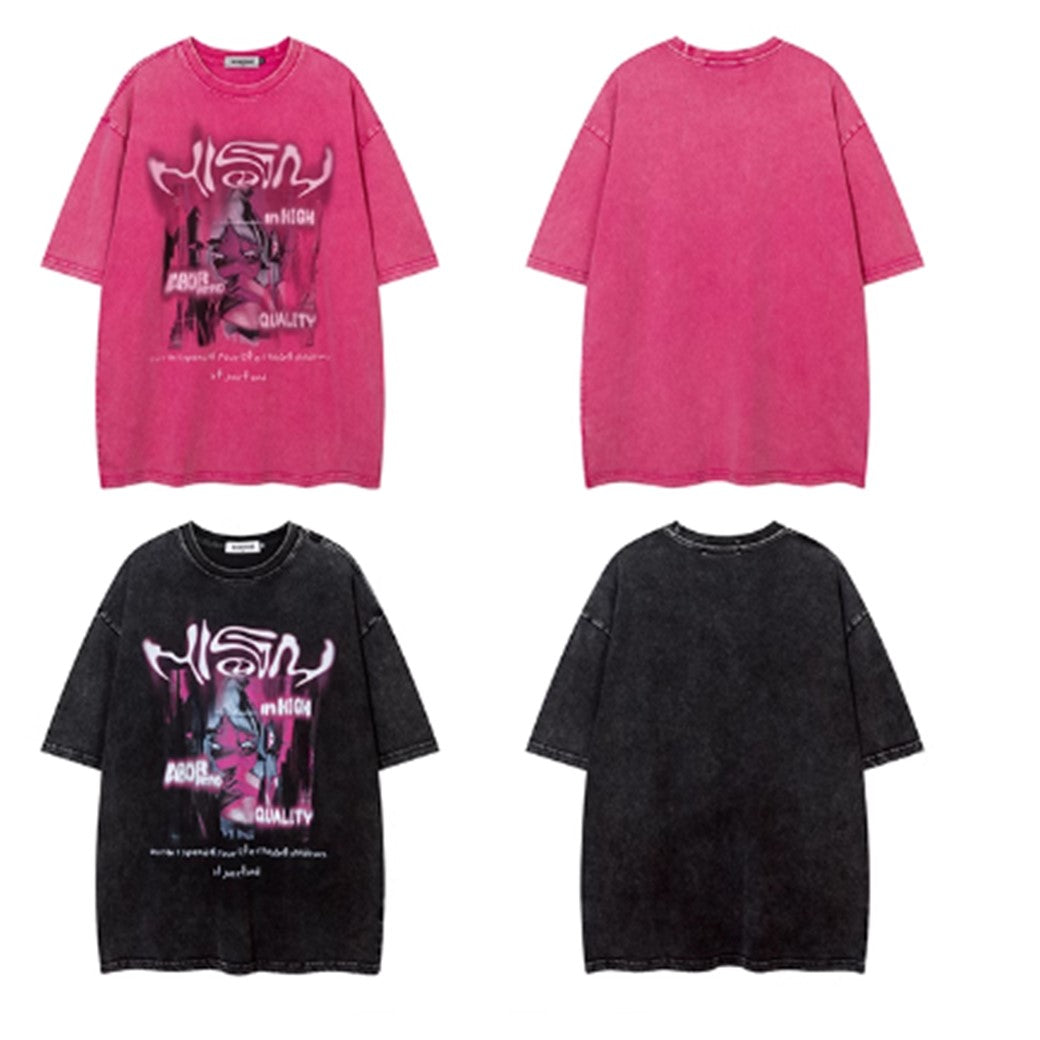 【NIHAOHAO】Distorted Initial Illustration Furvine Wash Short Sleeve T-Shirt  NH0135