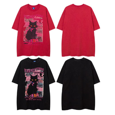 【NIHAOHAO】Cute black cat design animal short sleeve T-shirt  NH0136