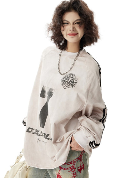 【H GANG X】Side line front number design loose long sleeve T-shirt  HX0101