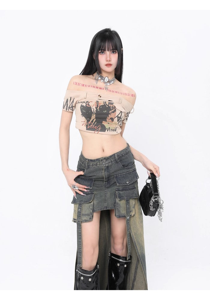 【ROY11】Unique front and back design washed denim skirt  RY0015