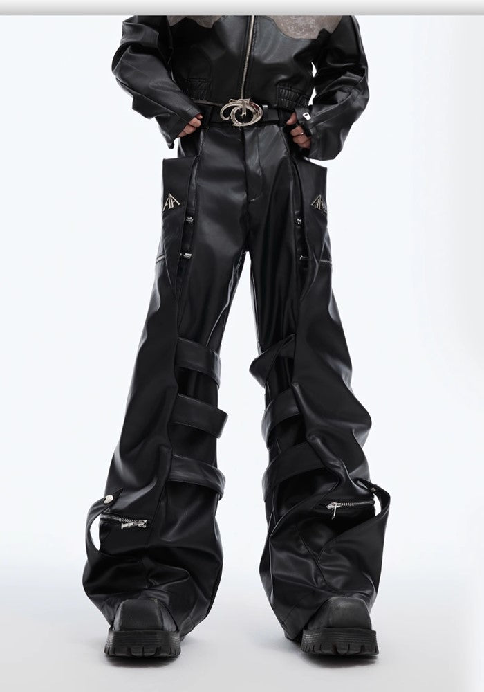 【Culture E】High-level gimmick silhouette leather design wide pants  CE0153