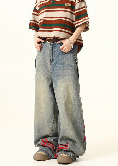 Double Red Line Design Washed Denim Pants  HL3060