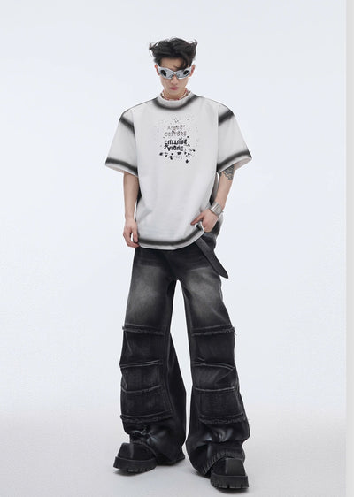 【Culture E】Monotone black accent color design lines short sleeve T-shirt  CE0121