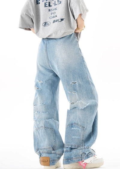 [H GANG X] White blue wide silhouette over denim pants HX0041