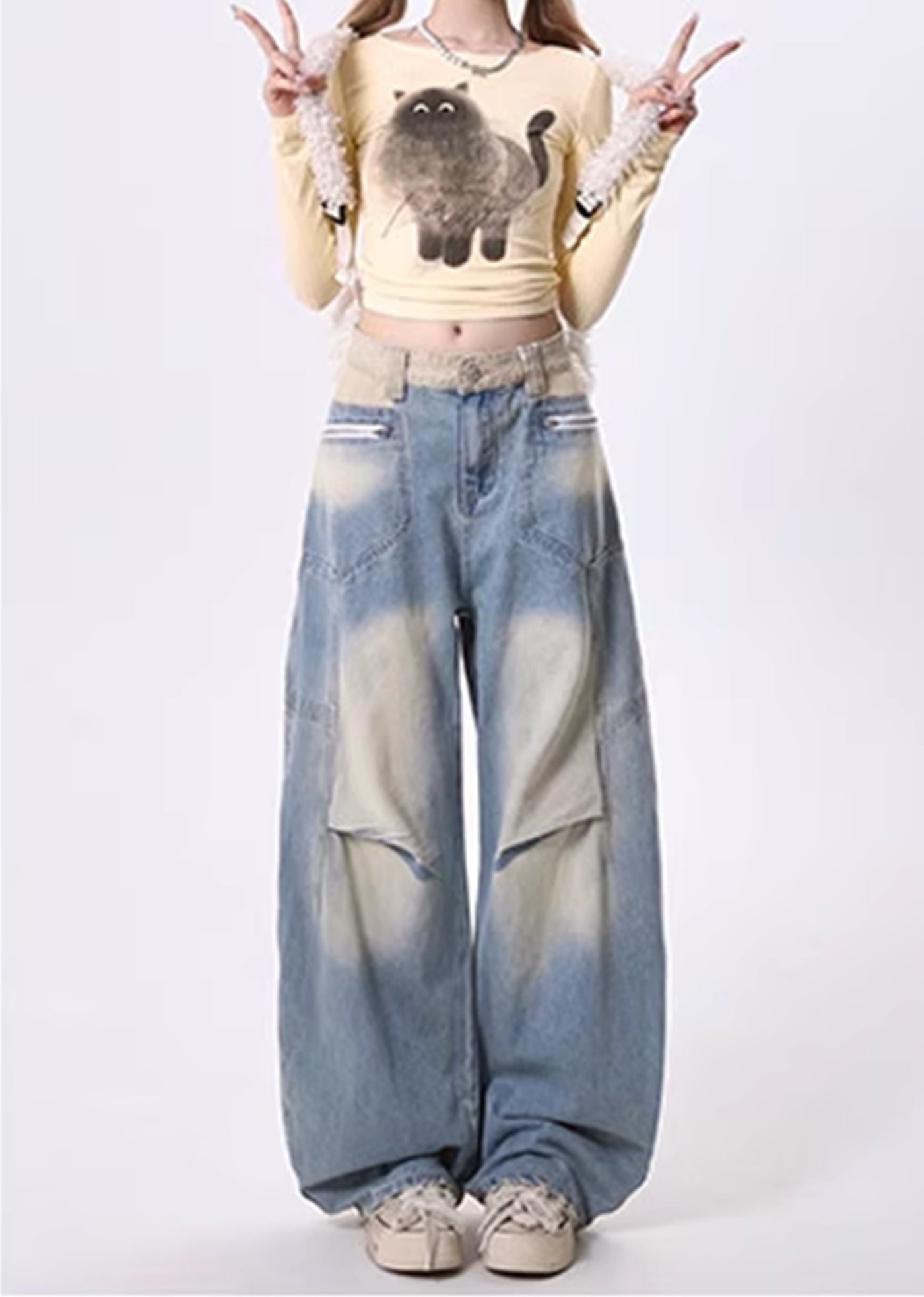 【Rayohopp】Fully washed design gimmick silhouette denim pants  RH0125