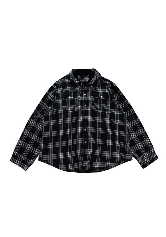 【H GANG X】Basic gray color check pattern design loose long sleeve shirt  HX0094