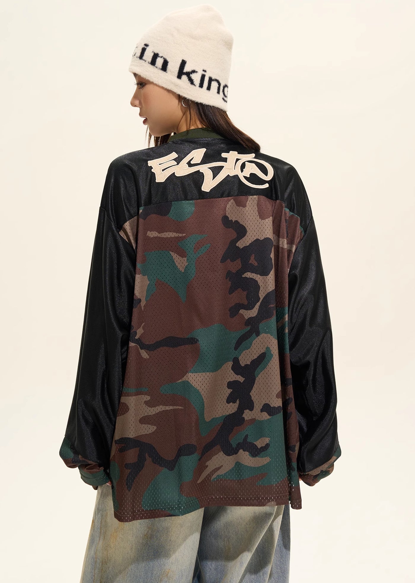 【H GANG X】Front number initial camouflage bicolor design long sleeve T-shirt  HX0078