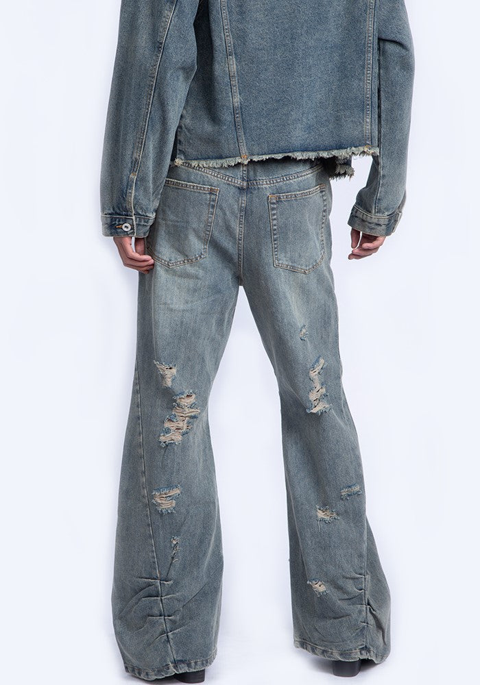 【PLAN1ONE】Grunge scattered distressed vintage style flared denim pants  PL0043