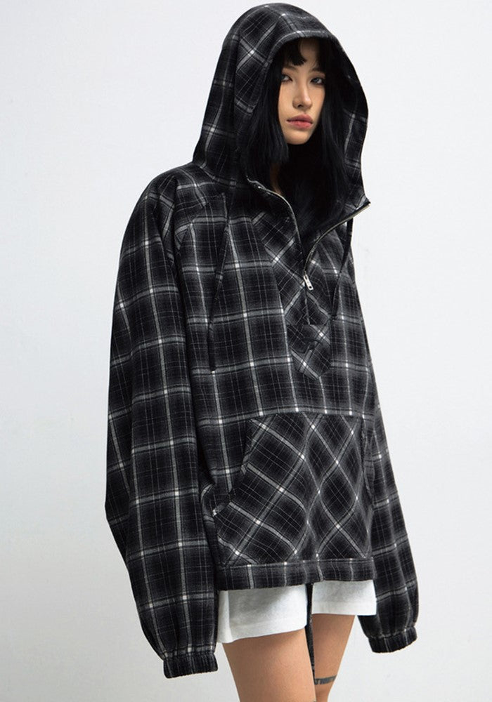 【People Style】Regular dark base color check design half zip hoodie  PS0049