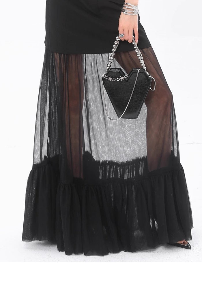 【ROY11】See-through design double black front flare silhouette skirt  RY0011