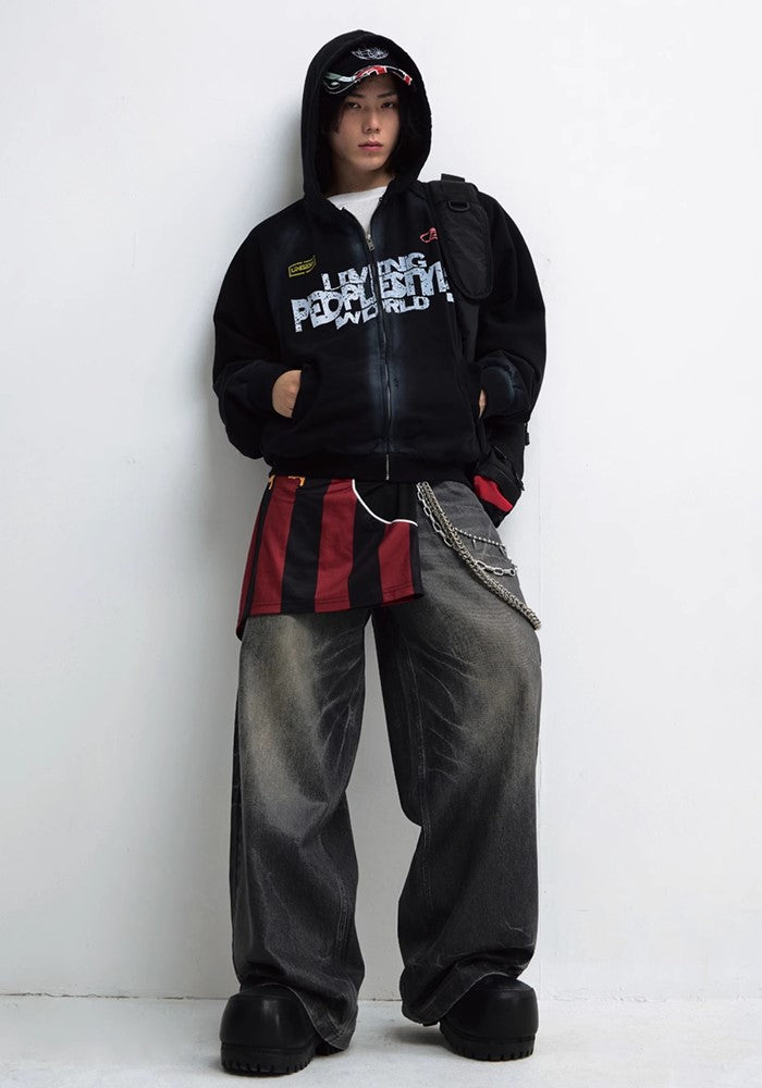 【People Style】Wordler Dull Base Wash Full Zip Initial Hoodie  PS0042