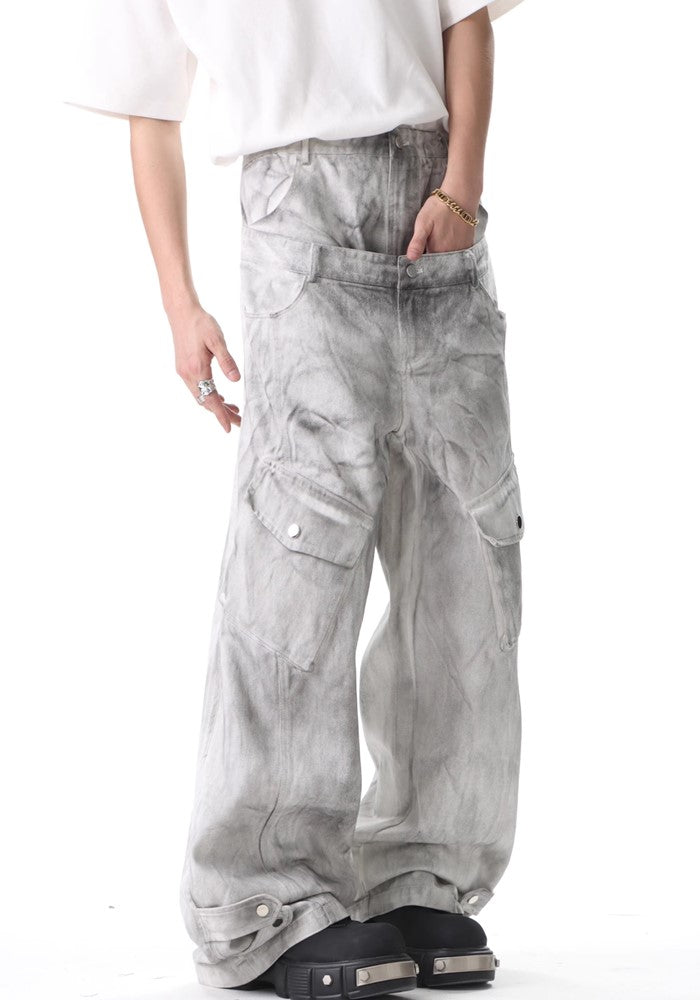 【H GANG X】Double waist white balance color wide denim pants  HX0084