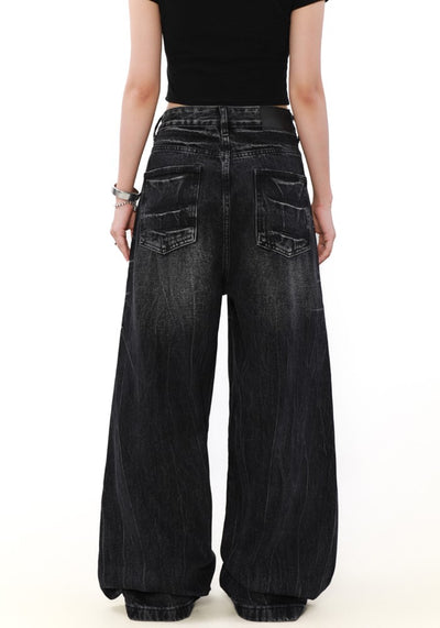 【MR nearly】Cracked distressed wash black wide denim pants  MR0146