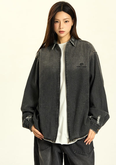 【H GANG X】Gradient black color basic style denim jacket  HX0095