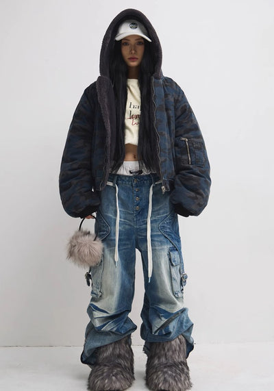 【People Style】Wide base gimmick cargo point mid-wash denim pants  PS0043