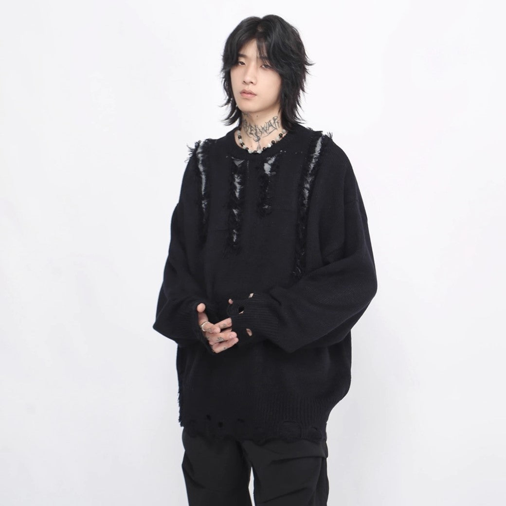 【Mz】Mid-length distressed simple design over-knit  MZ0033