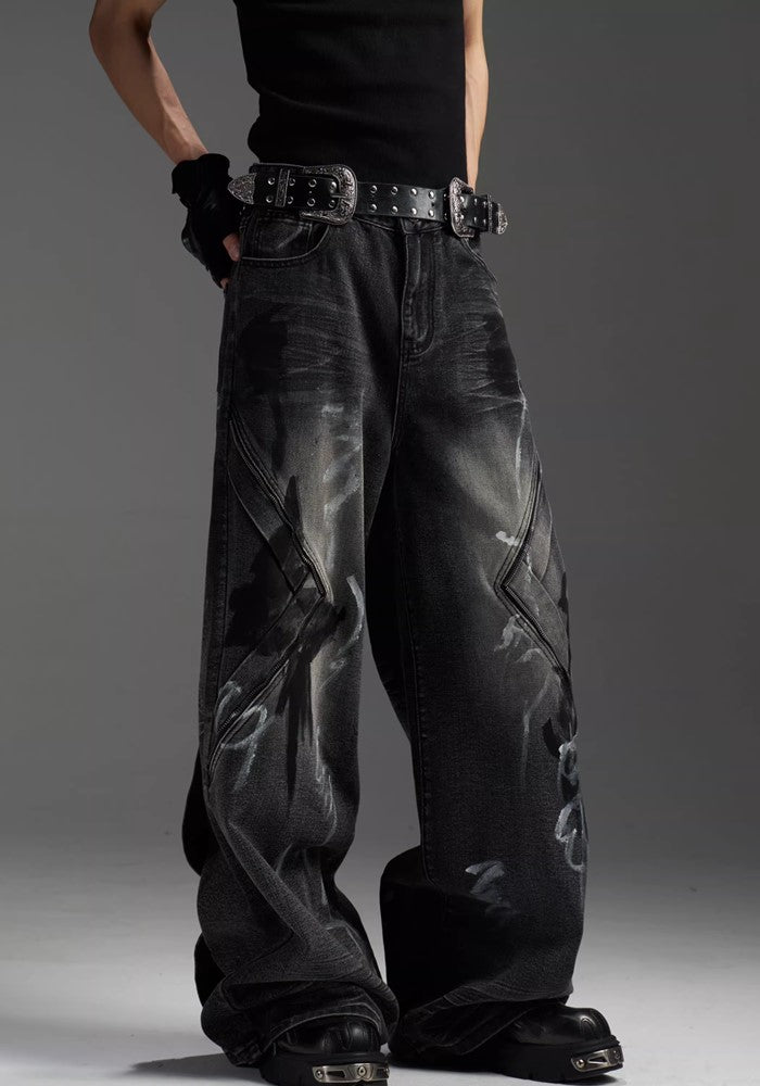 【NOMANIAI 】Blood Darkness Design Color Flame Wide Denim Pants  NA0004