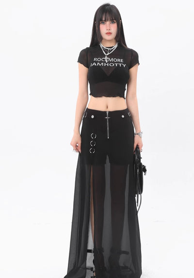 【ROY11】See-through design flared over silhouette black skirt  RY0012