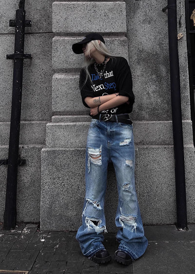 【TR BRUSHSHIFT】Fully distressed design dull basic color denim pants  TB0042