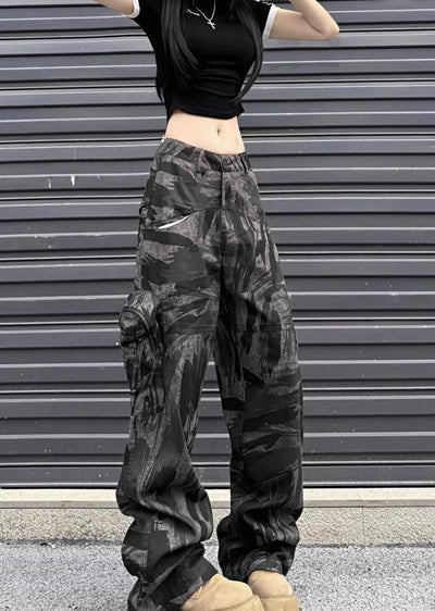 【W3】Dark camouflage design wide straight silhouette pants  WO0076