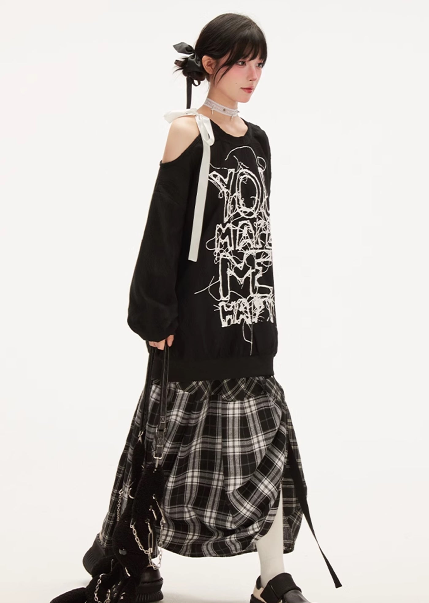 【Eleven shop97】Check design special silhouette design skirt  ES0029