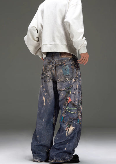 【MAXDSTR】Multi-illustration design changing silhouette dull denim pants  MD0168