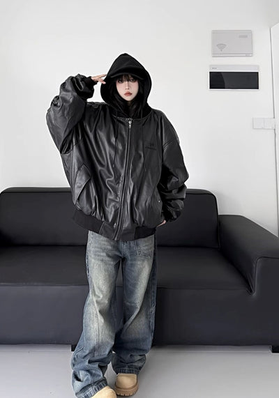 【W3】Hoodie plus faux leather style black jacket  WO0080