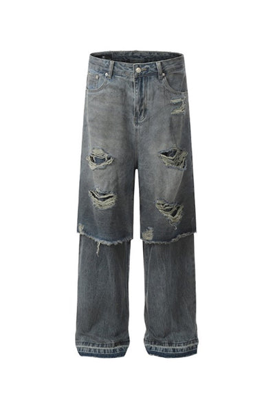 【H GANG X】Mid-length distressed half-docking layered style denim pants  HX0102