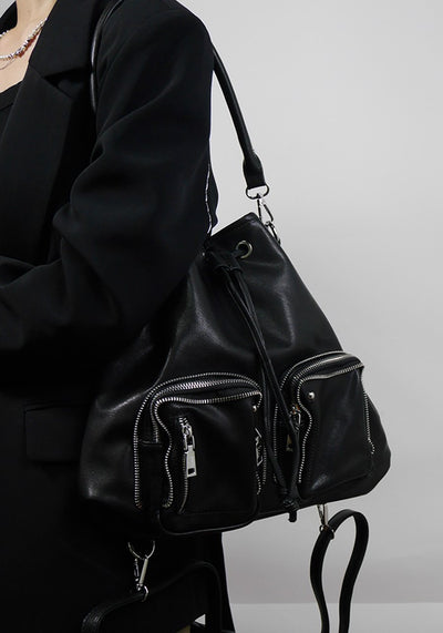 【PRT】Backpack-style drawstring design black bag  PT0006