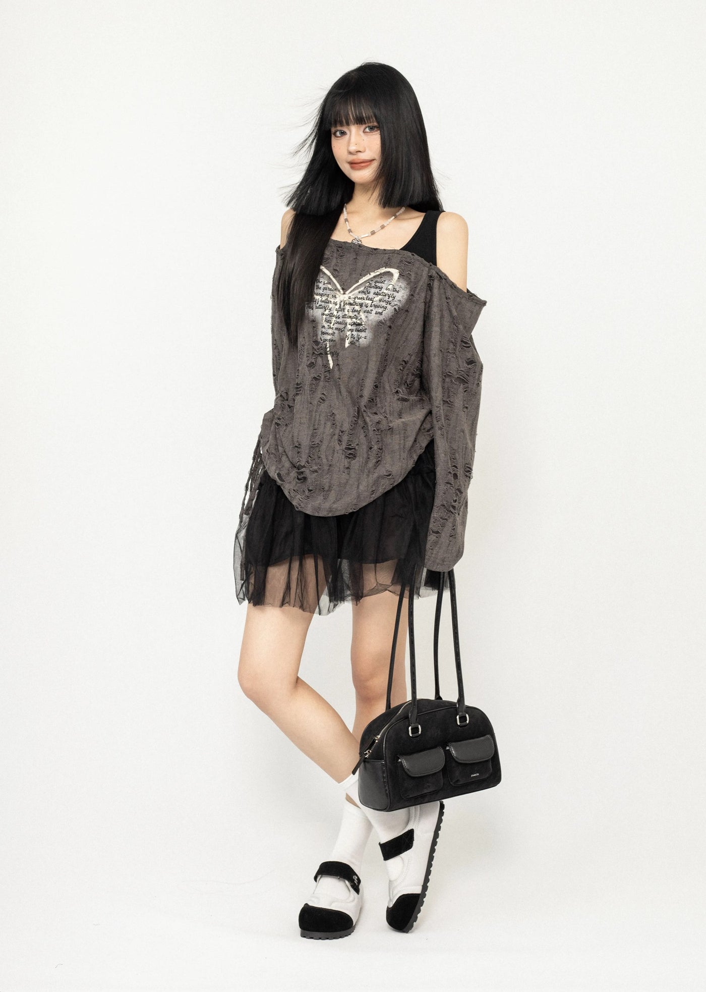 【ZERO STORE】Grunge butterfly design distressed knee cut sweater  ZS0044