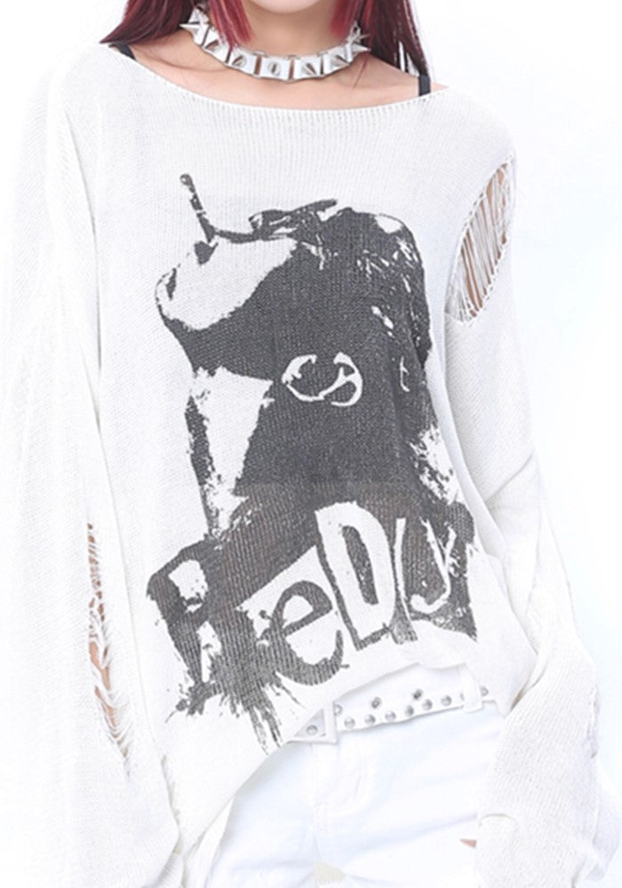【ROY11】Myriad Damage Design White Color Grunge Illustration Long Sleeve T-Shirt  RY0013