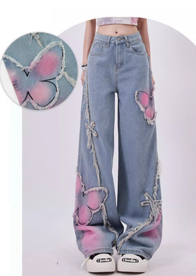 【Rayohopp】Color butterfly design attachment balance denim pants  RH0108