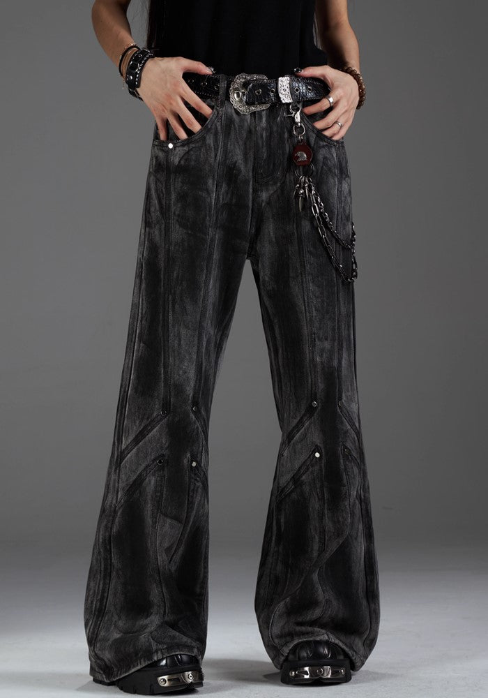 【NOMANIAI 】Dull black color wide flare silhouette design denim pants  NA0006