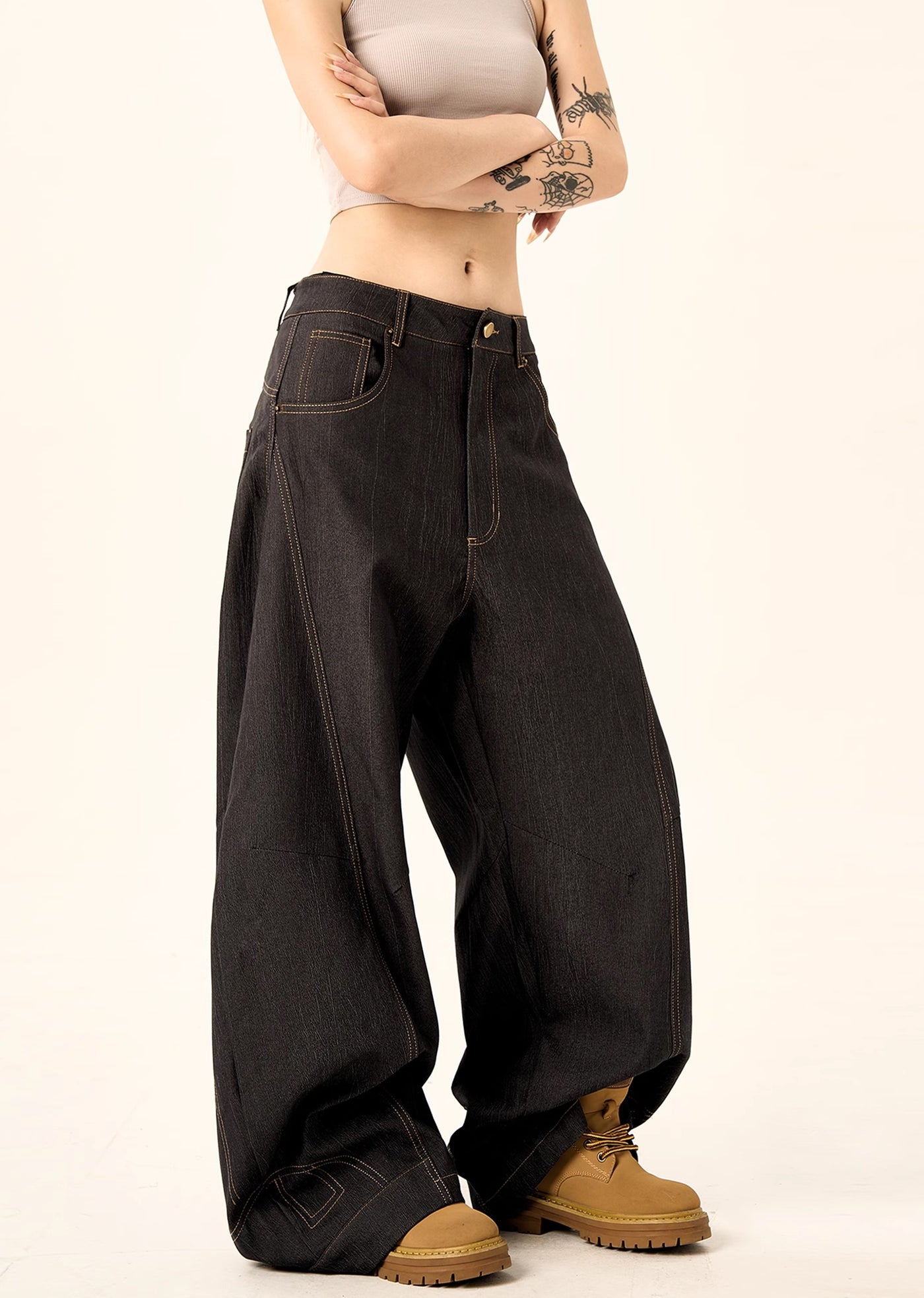 【H GANG X】Multi-over balloon wide silhouette dull denim pants  HX0072