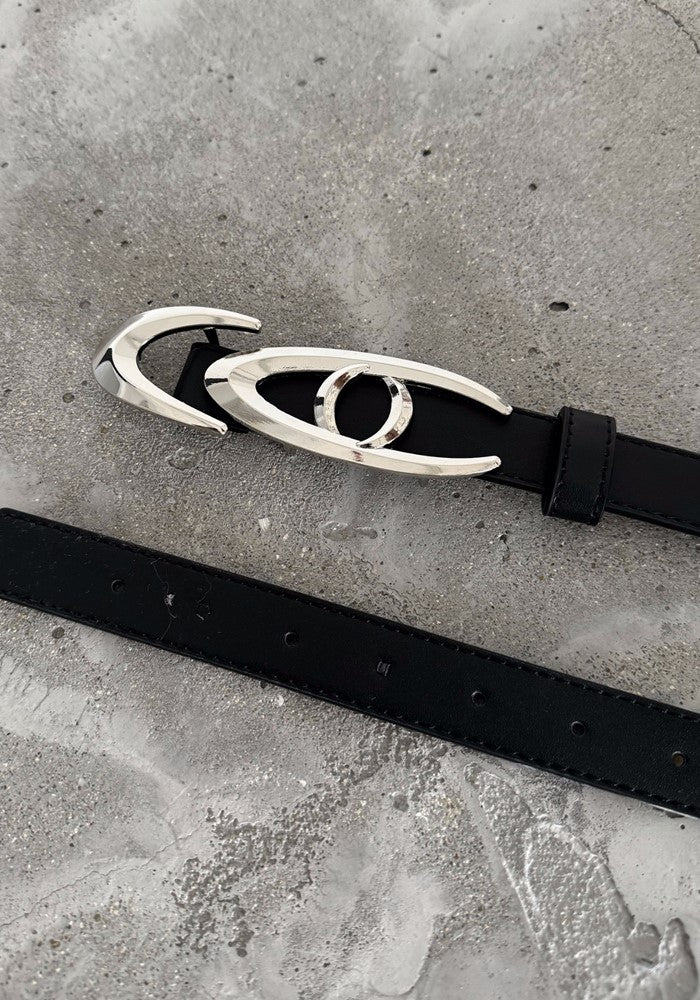 【MARTHENAUT】Silver glossy logo design gimmick leather-like belt  MH0057