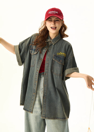 【H GANG X】Dull vintage color over silhouette denim shirt  HX0035