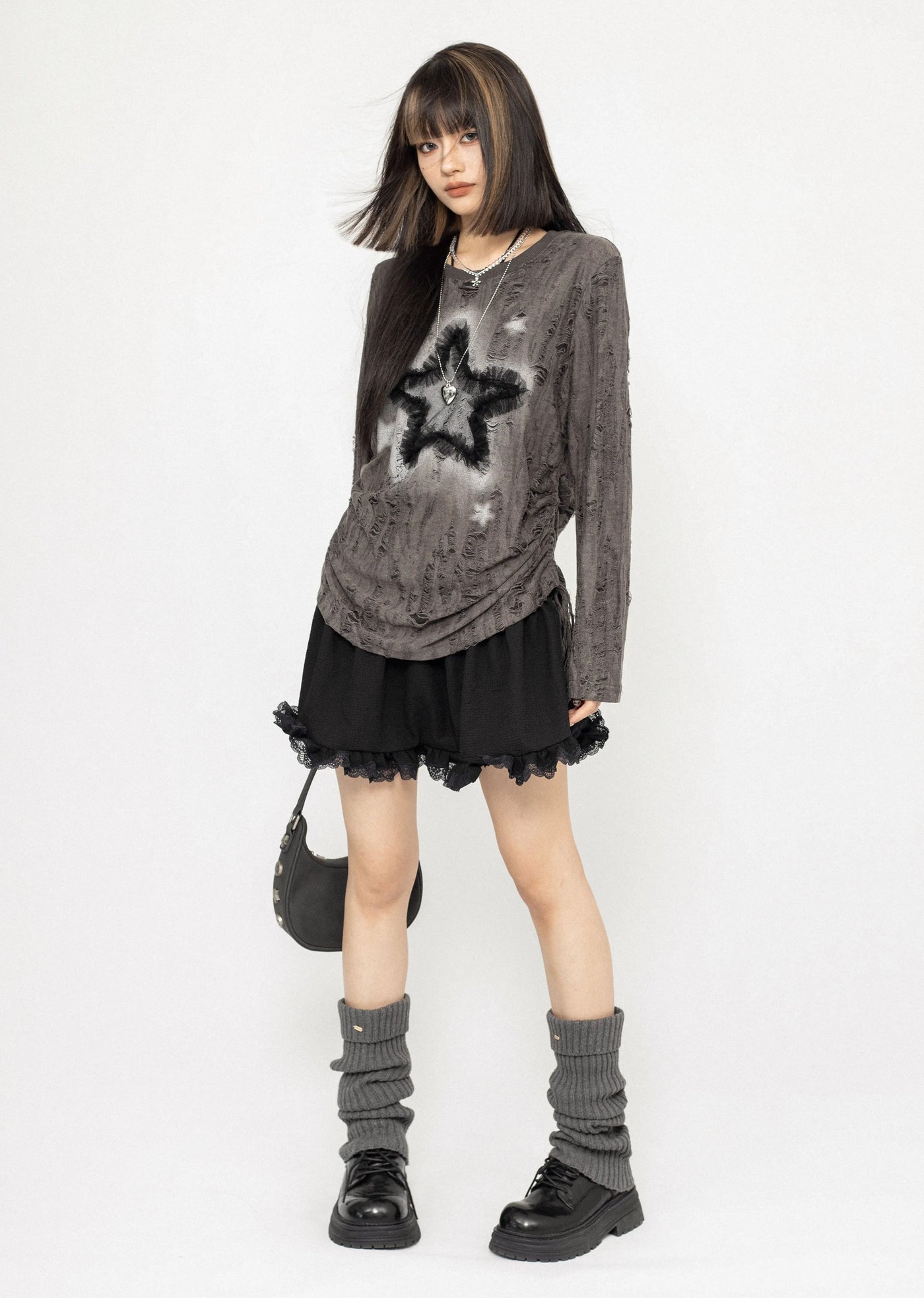 【ZERO STORE】Grunge dull star design messy long sleeve T-shirt  ZS0048