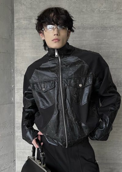 【SOULWORKER】Black Gimmick Leather Wide Full Zip Jacket Outerwear  SW0019