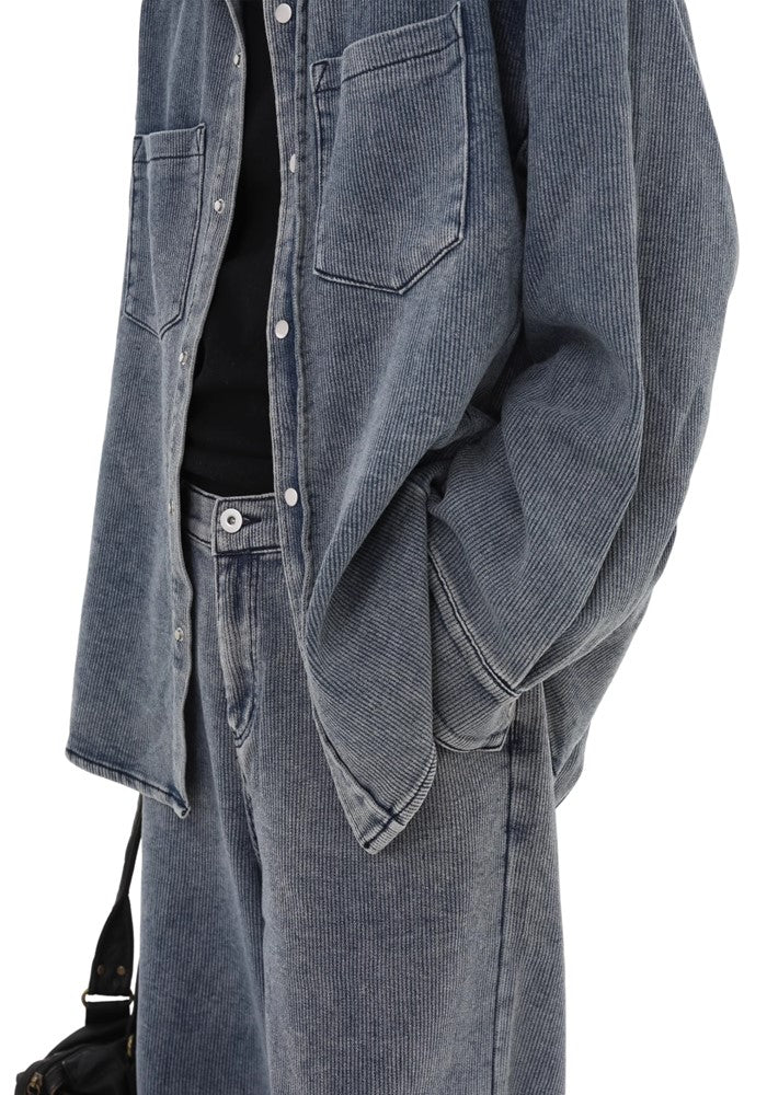 【GIBBYCNA】Tweed dull base blue color loose style long sleeve denim shirt  GC0029