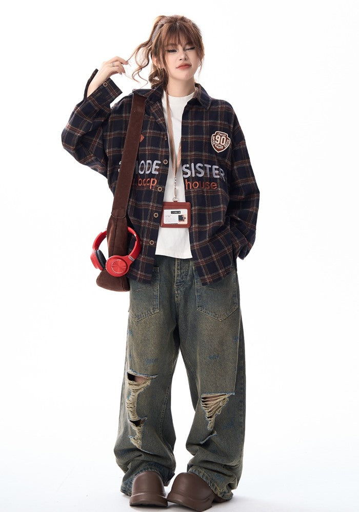 【H GANG X】College logo design American casual style over check long sleeve shirt  HX0093