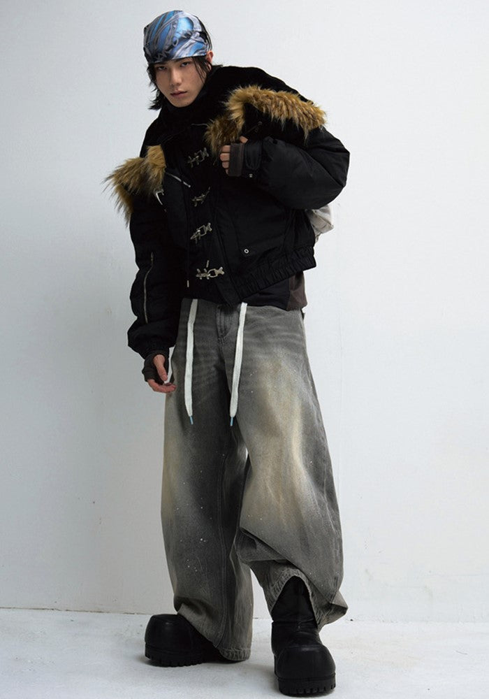 【People Style】Faux fur hood design double gimmick belt type jacket outerwear  PS0051