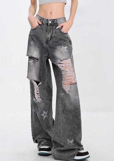【Ken studio】Star pattern distressed full metal wide denim pants  KS0008