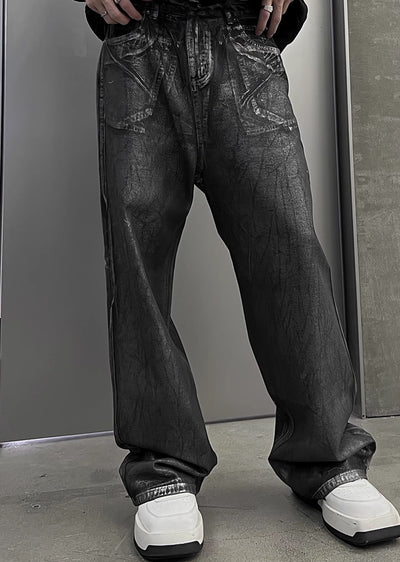 【SOULWORKER】Dark grey glossy design wide flare style denim pants  SW0030